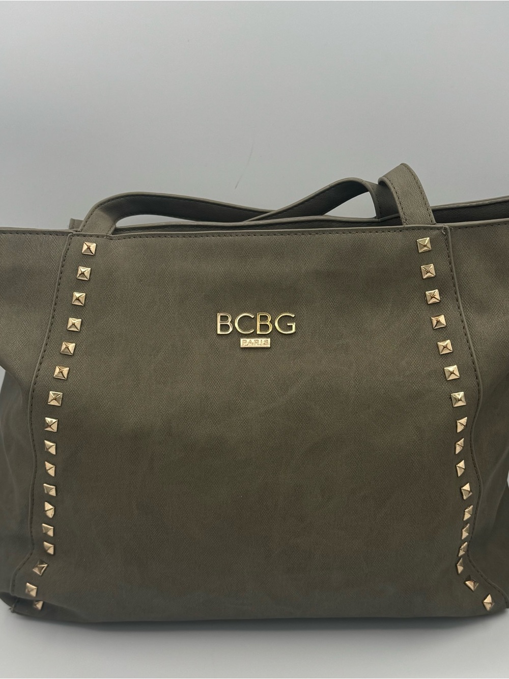 BCBG Paris Olive Green Tote Bag with Gold Studs and Logo